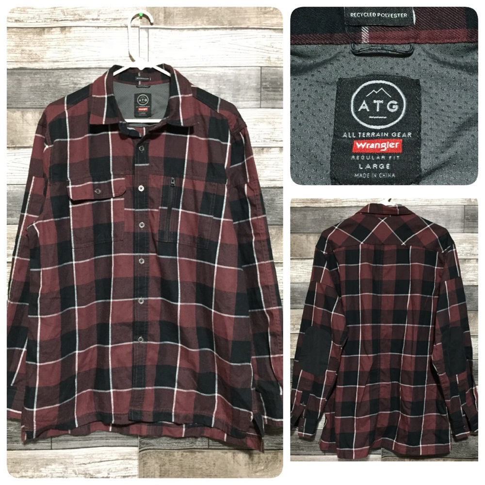 Wrangler ATG Flannel Shirt Men’s L Red Black Plaid Button Up Elbow Patches